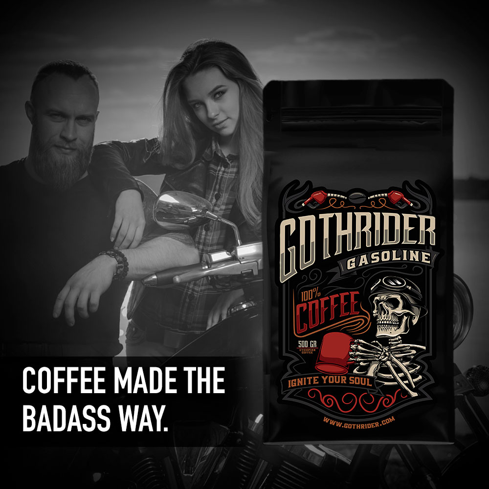 GothRider Coffee Strongest Great Tasting Coffee you'll ever drink. Coffee® Coffee  Company's Gasoline is a signature blend of hand-roasted beans, holds nothing back and delivers a unique experience that only GothRider® Coffee Company can provide. 